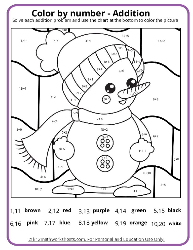 winter colornumber pages - k12 math worksheets